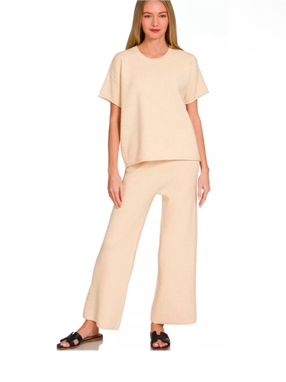 Zenana Knit Wide-Leg Pant Set - Lt Beige - Picture 2 of 3